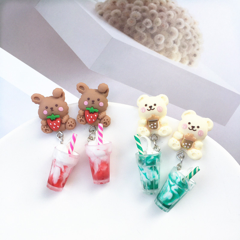 Creative Cute Ice Cream Pearl Milk Tea Bear Strawberry Resin Earrings display picture 2