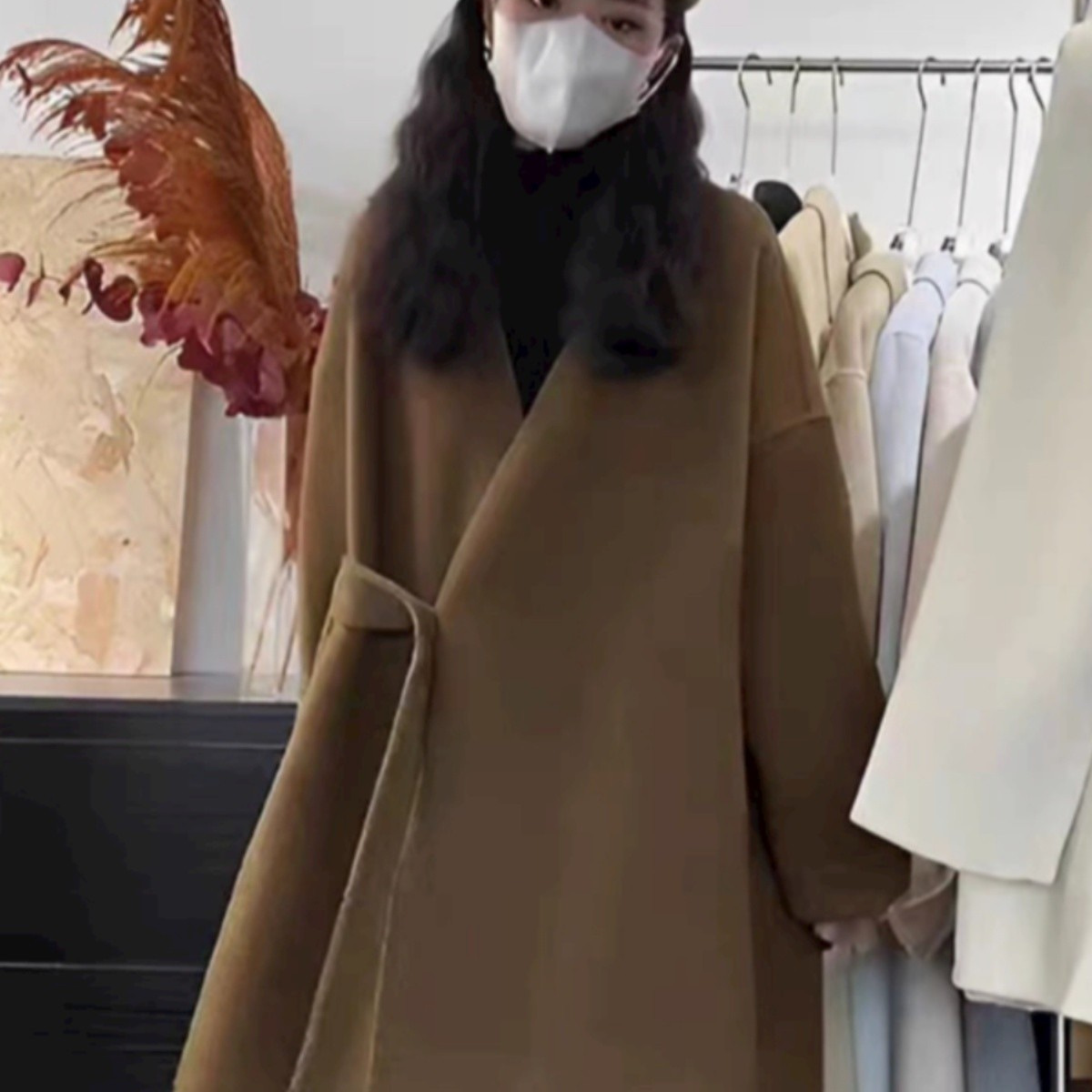 2024年春季新款双面羊毛大衣女秋冬显瘦韩版不规则系带毛呢子外套