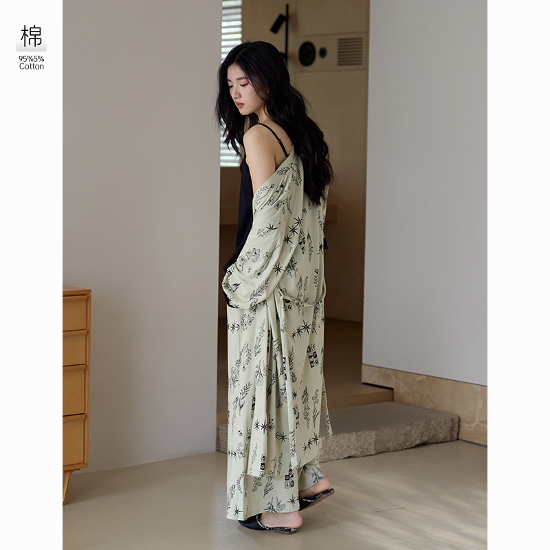 [Antibacterial Stretch Cotton] Three-Piece Pajamas Women's Autumn Mid-Length Robe Pajamas Set Pure Cotton Women's Home Clothes