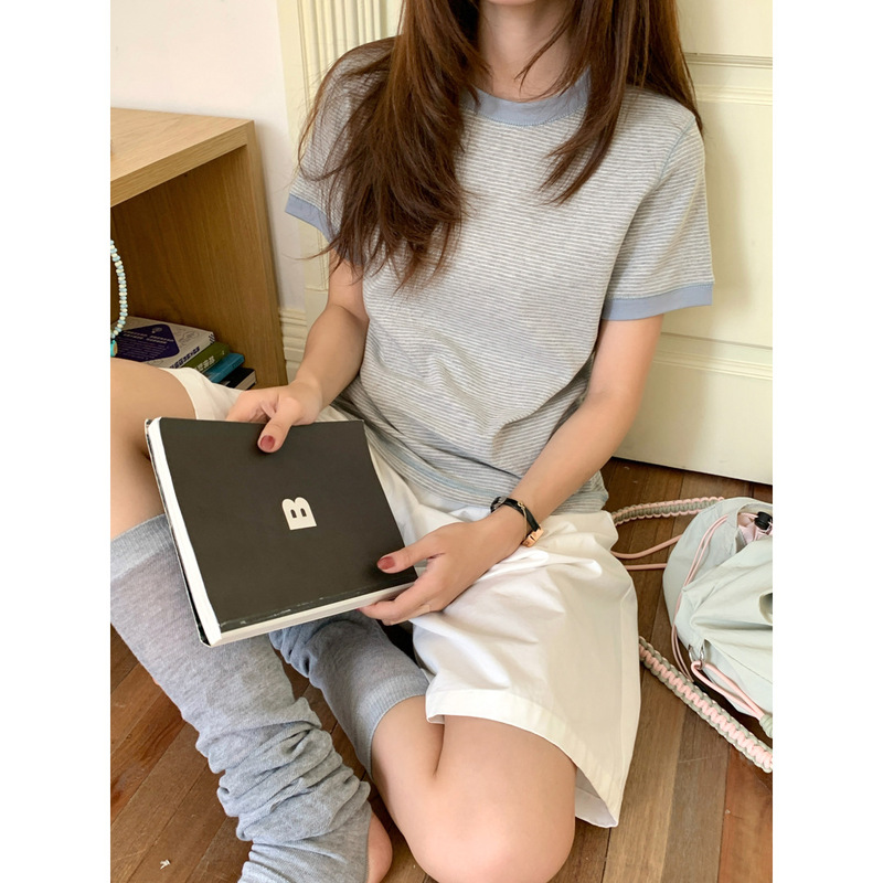 GAGD Oni T-shirt ~ small design contrast color striped short sleeve T-shirt female Korean shoulder short T-shirt jacket GAGD Oni T-shirt ~ small design contrast color striped short sleeve T-shirt female Korean shoulder short T-shirt jacket