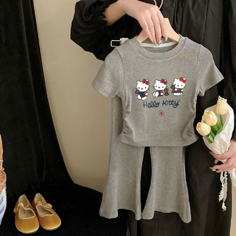 女童夏季套装新款休闲宝宝印花外穿喇叭裤短袖卡通洋气潮流两件套|undefined