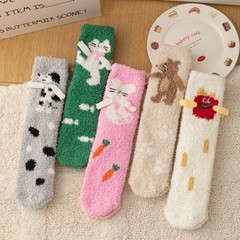 秋冬珊瑚绒袜子女卡通小手袜半边绒加厚居家地板袜睡眠袜中筒女袜