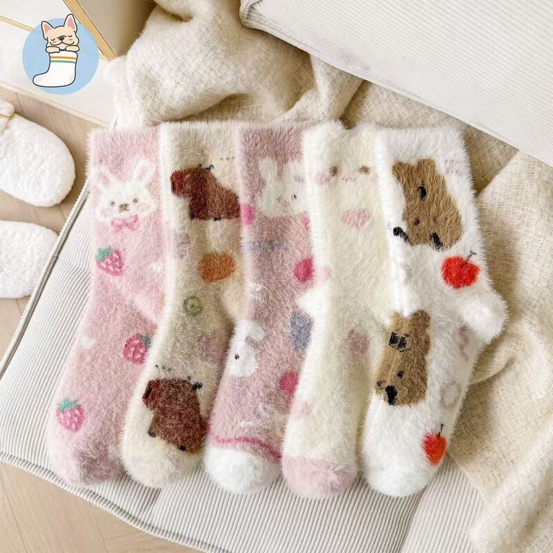 Autumn and winter comfortable warm mink velvet socks women's warm velvet socks cartoon soft versatile casual women's socks floor socks
