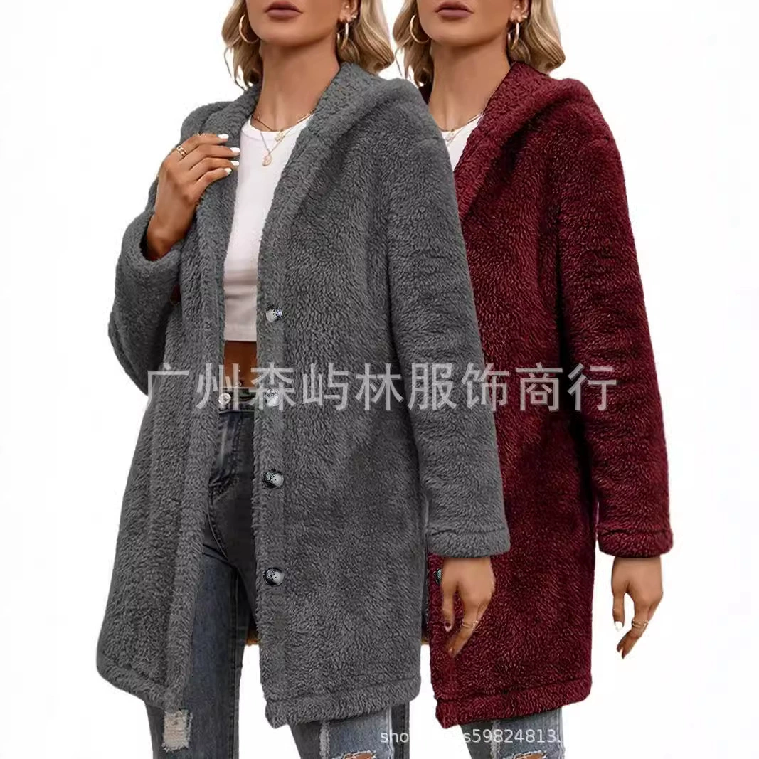 Трансграничный европейский и американский новый фланелевый среднедлинный плюшевый пиджак свободный с капюшоном повседневная пуговица с длинными рукавами осенний и зимний кардиган