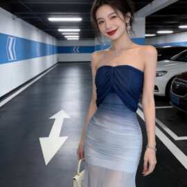 御姐绝美气质一字肩性感蓝色晚礼服裙女感渐变色网纱包臀鱼尾裙子