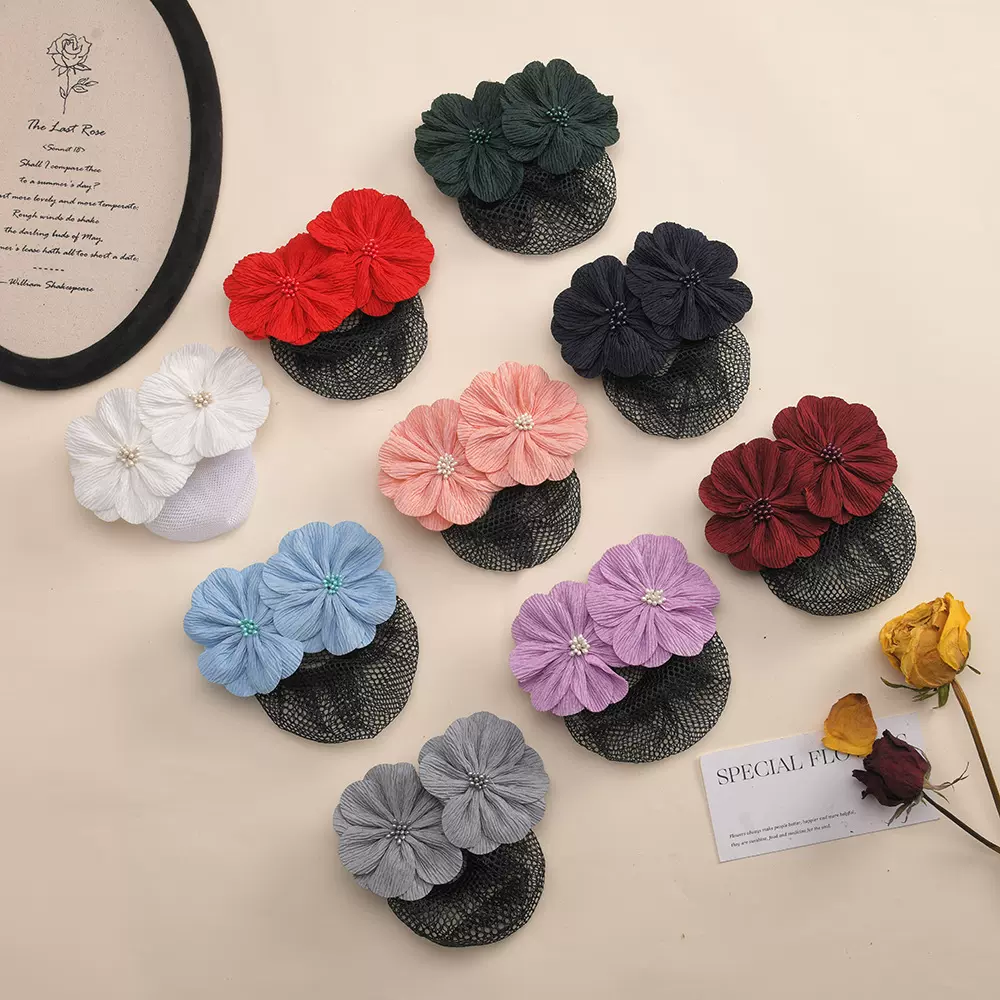 新款手工褶皱花朵盘发网时尚护士酒店前台网兜发夹气质成人女头花