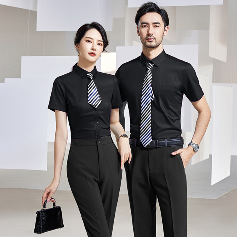 Black short-sleeved 4s shop workwear shirt men's suit sales workwear formal wear men's and women's business wear shirt embroidered LOGO