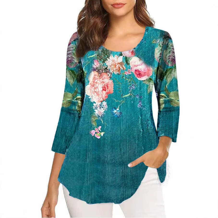 跨境2024年新款秋欧美亚马逊七分袖圆领T恤印花上衣中长款打底衫