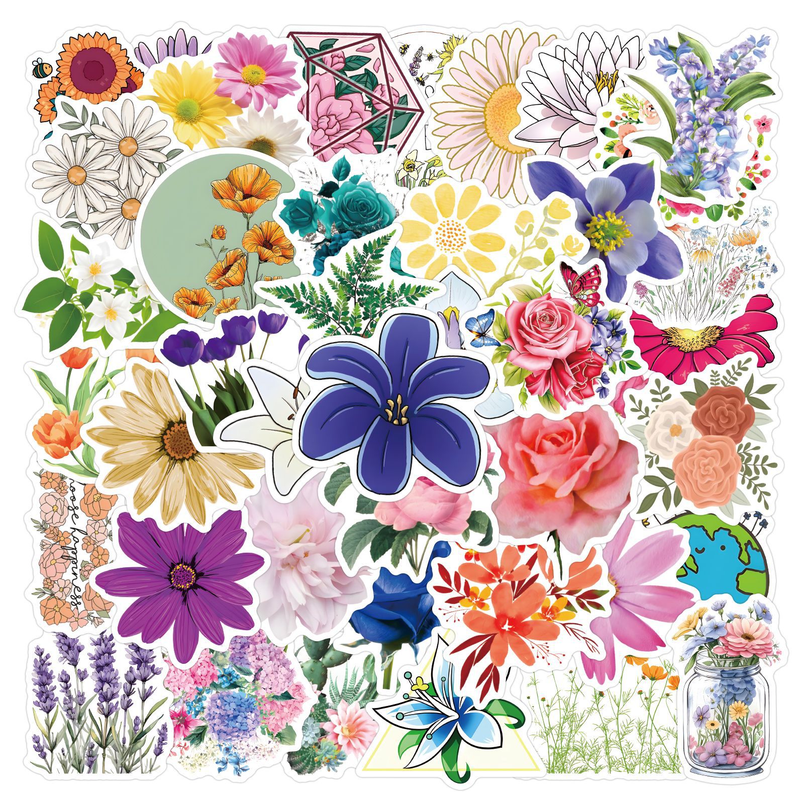 50~100张卡通植物花卉花朵涂鸦贴纸装饰行李箱吉他防水杯贴画批发