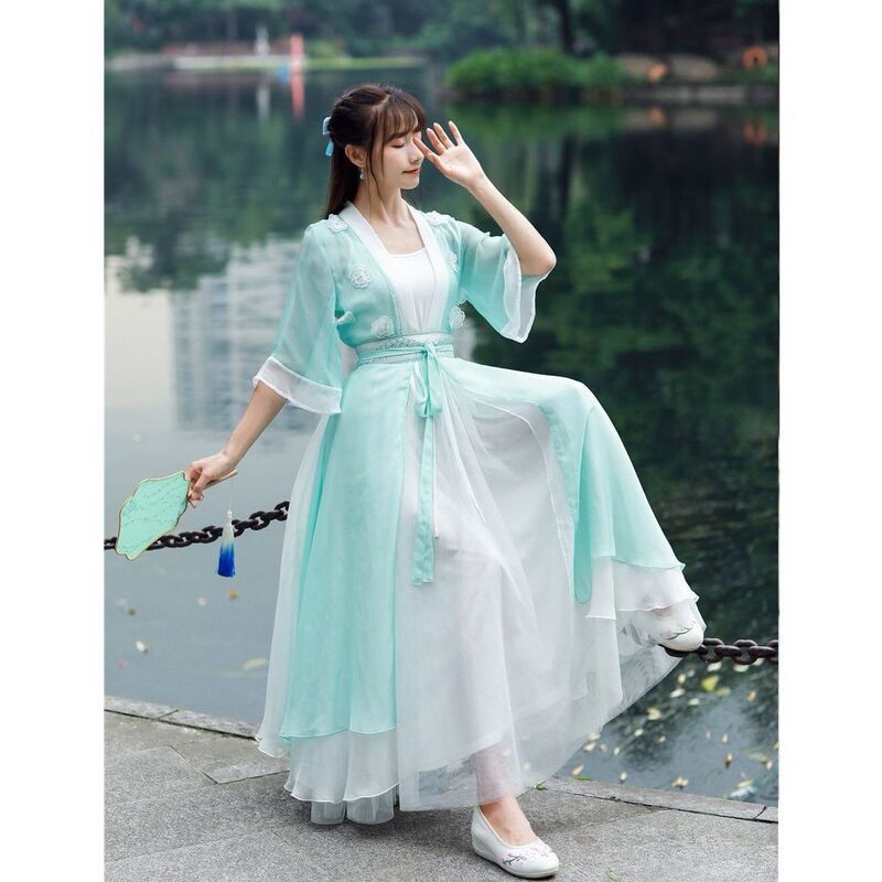 Qingyunji Cardigan-Style Dress for Women, Summer Retro Chinese Style Improved Hanfu, Sun-Protective Two-Piece Chiffon Long Dress