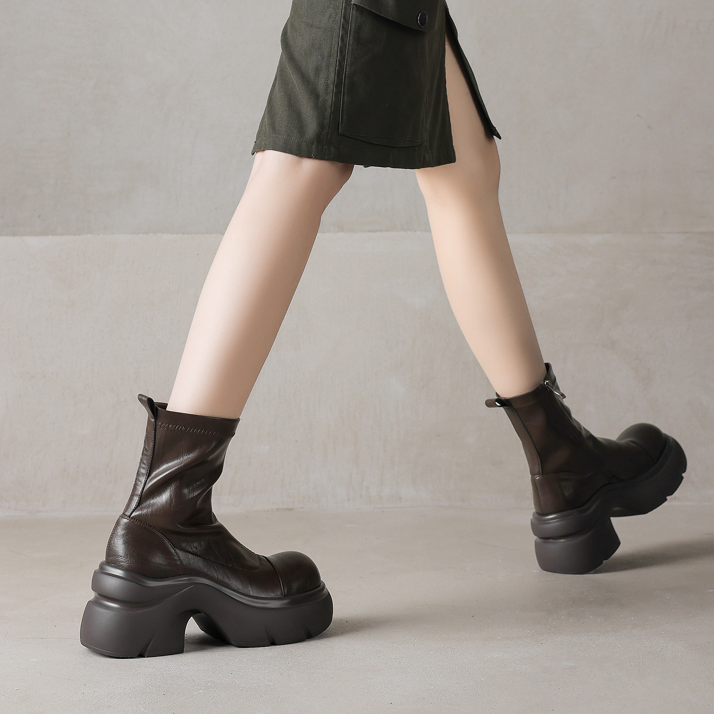 Boot nữ cổ thấp đế dày gót vuông co giãn da thật mùa thu đông — Lớp lót nhung màu nâu, nhung đen, Li đơn màu nâu, Lớp lót đơn màu đen