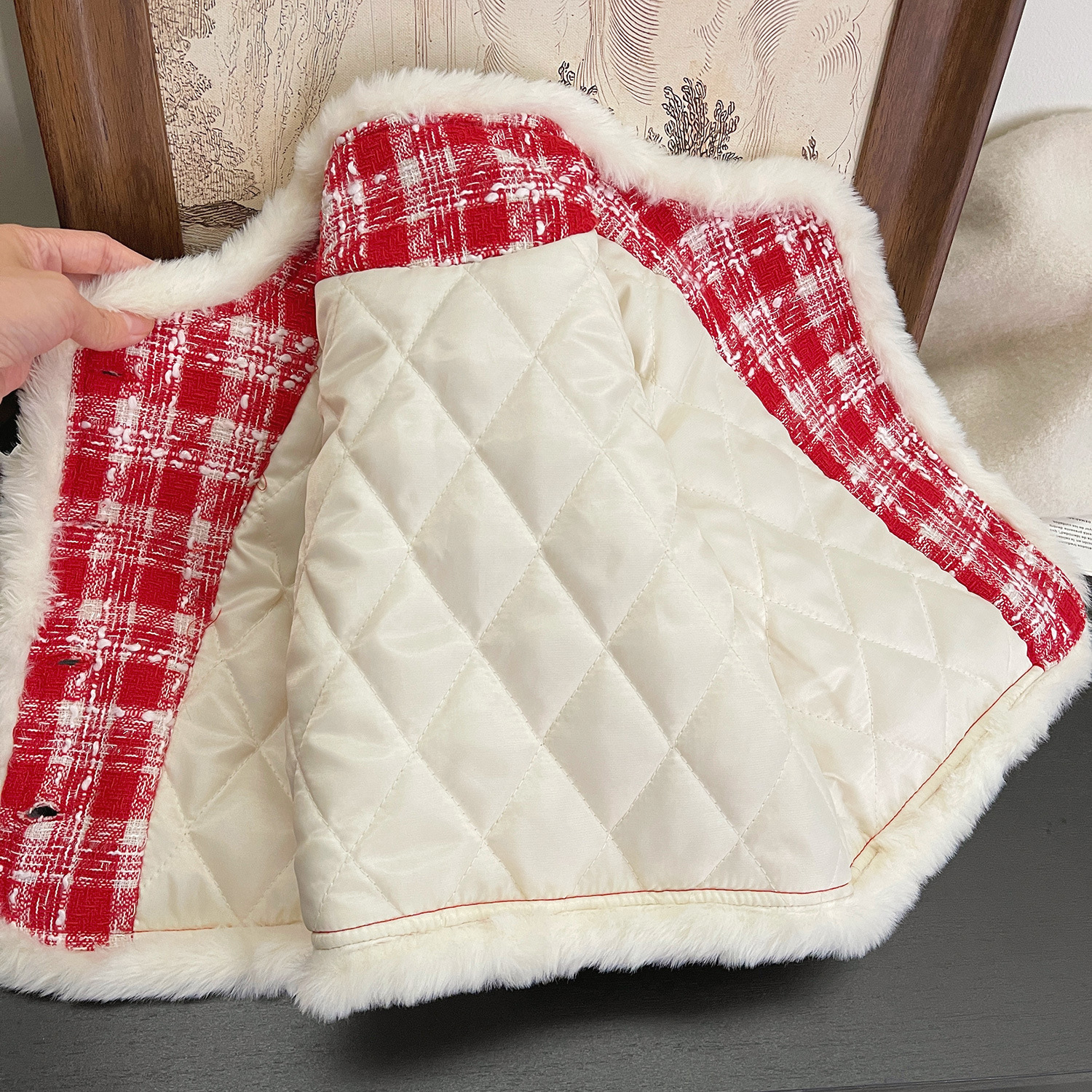 Conjunto de saia xadrez vermelha para menina estilo coreano_voghion.com