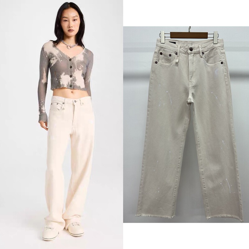 2025 Early Autumn New European and American R&13 Same Style High-Waisted Raw White Lacquer Dot Raw Edge Straight Denim Pants for Women