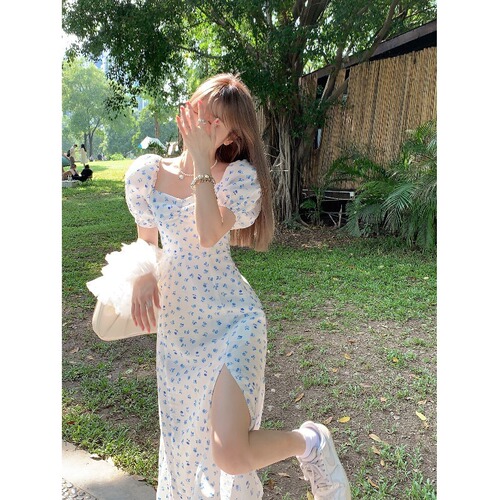 French floral dress for children, summer 2025, petite size, waist-cinching, stylish short-sleeved, slimming, medium-length dress, trendy