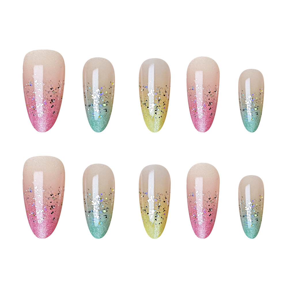 Arco iris lentejuelas almendras uñas vestidas a mano atmósferas coloridas uñas 10 piezas parche de uñas ojo de gato