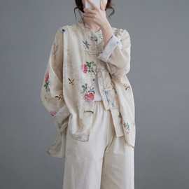 2024夏季新款复古新中式国风苎麻印花盘扣大码开衫防晒衬衫