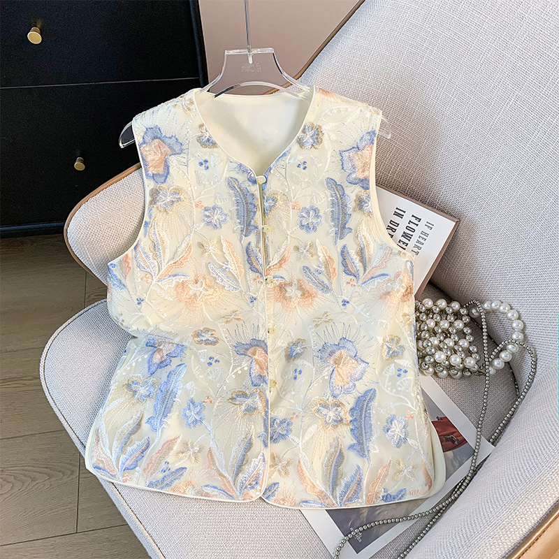 Real Shot of New Chinese-Style Classical Oriental Hanfu Jacquard Heavy Embroidery V-Neck Button-Up Top with Ethnic Style Outer Vest