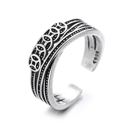 Caroge Retro Thai Silver Chinese Style Coins Copper Money Lucky Ring Women's Double Line Open Ring