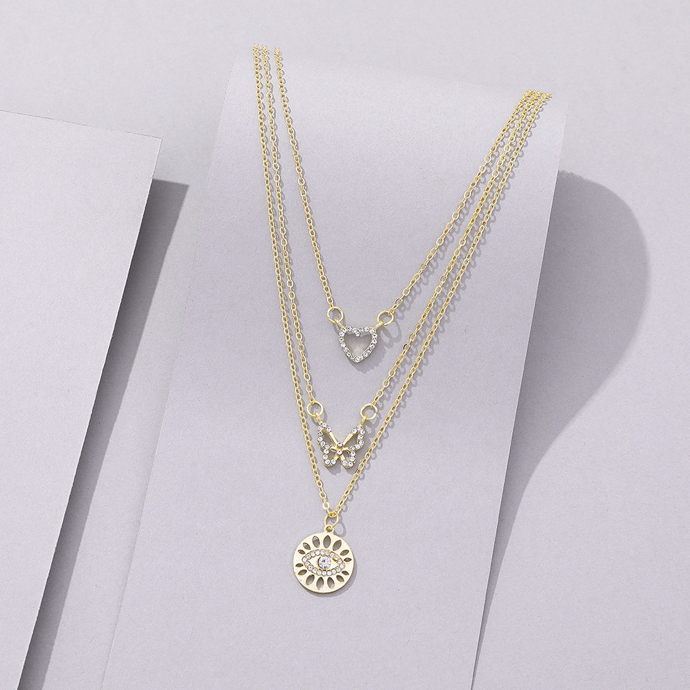 fashion heart-shaped butterfly eyes diamond alloy multi-layer necklace wholesale jewelry Nihaojewelr