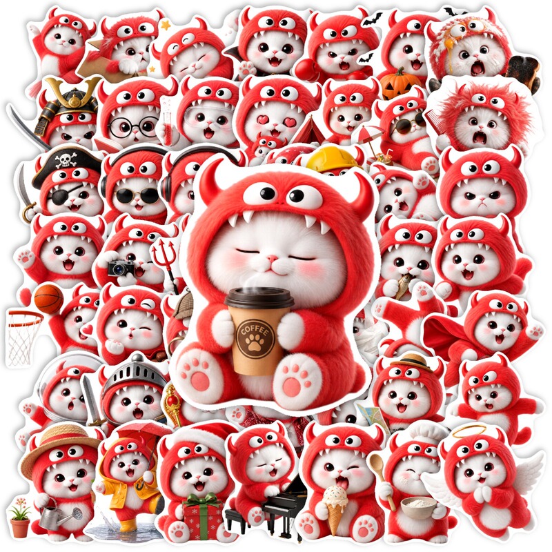 Cross-Border New Model 50-Piece Set of Fun Cat and Monster Stickers for Water Bottles, Phone Cases, Laptop Decoration, Waterproof Decals