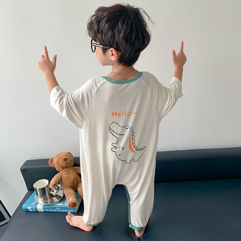 Boys' One-Piece Pajamas Summer Modal Thin Kidsren's Short-Sleeved Anti-Kick Sleeping Bag Boy Baby Home Clothes Summer