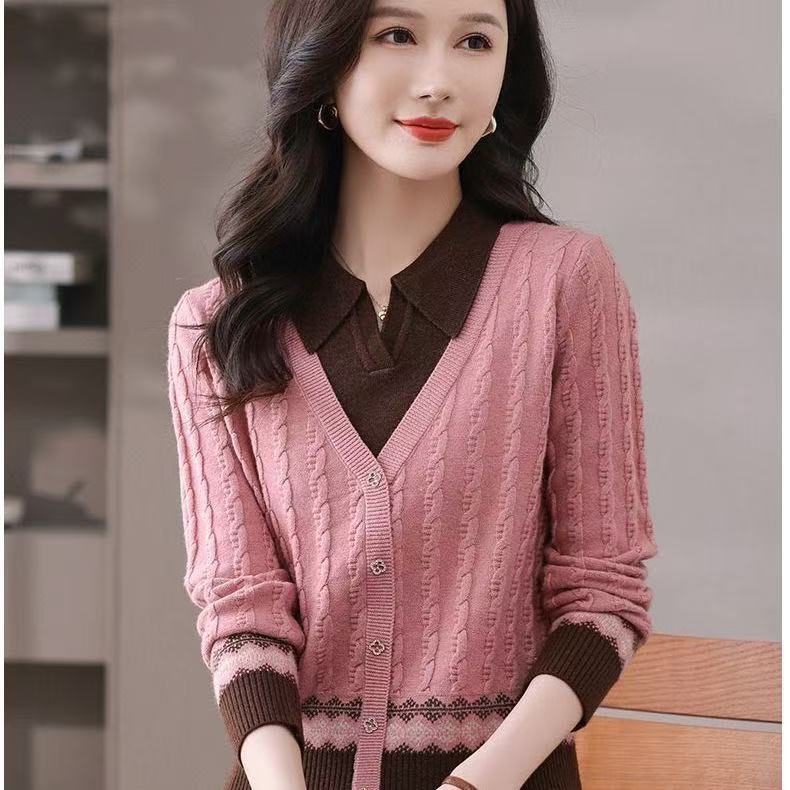 假两件毛衣女2025新款春秋洋气宽松外穿百搭打底衫翻领上衣针织衫|undefined