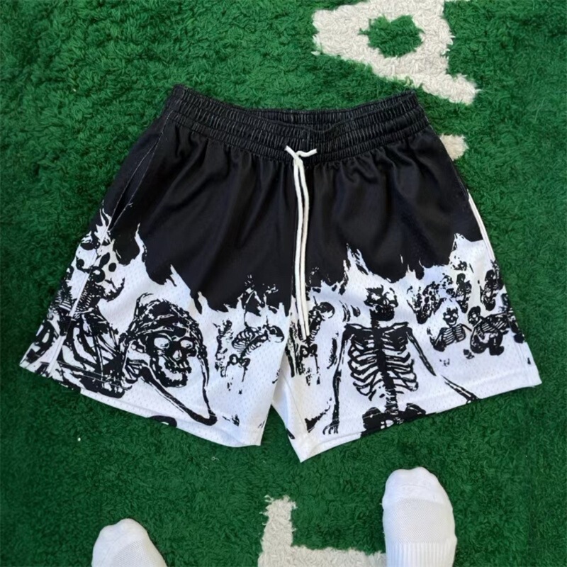 New American-Style Skull Basketball Shorts for Men, Trendy Brand, Student Knee-Length Fitness Shorts, Breathable and Quick-Drying