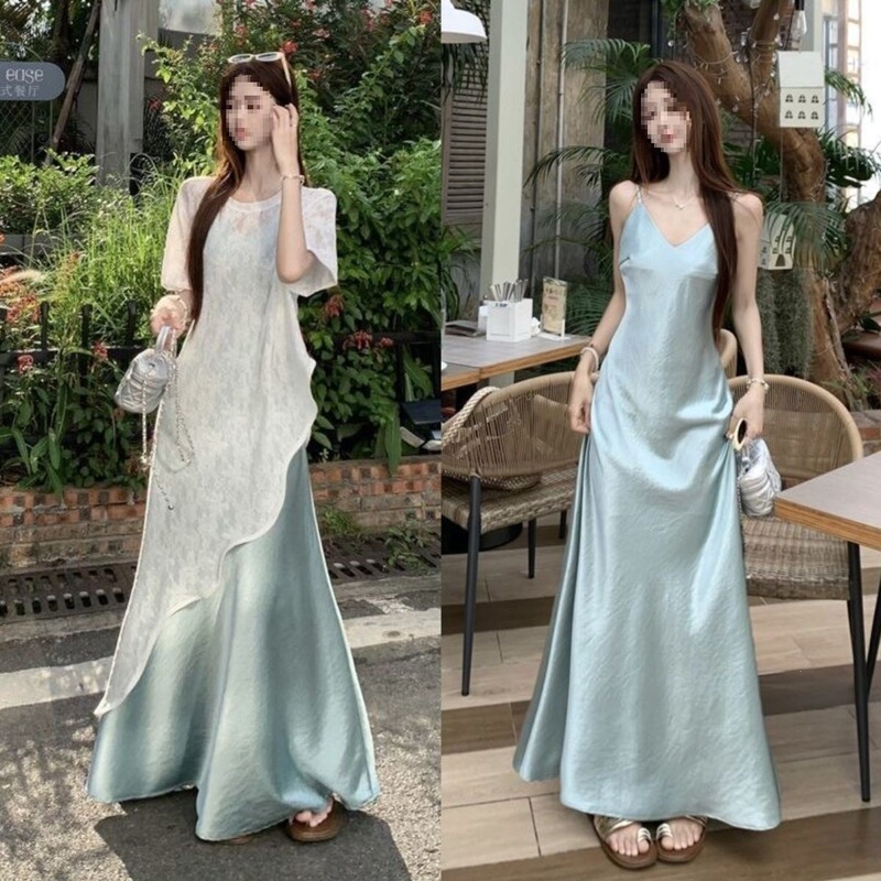 Elegant Summer Outfit for Women: Asymmetrical Strap Dress with Lace Blouse, French-Style Two-Piece Set Elegant Summer Outfit for Women: Asymmetrical Strap Dress with Lace Blouse, French-Style Two-Piece Set