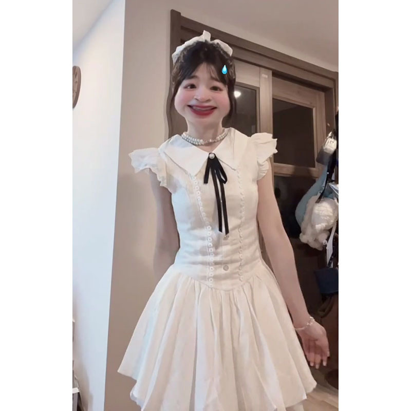 フレンチジェントルスタイルの小さなフライングスリーブホワイトドレス女性の夏の新しい甘いレースのリボンスカート|undefined