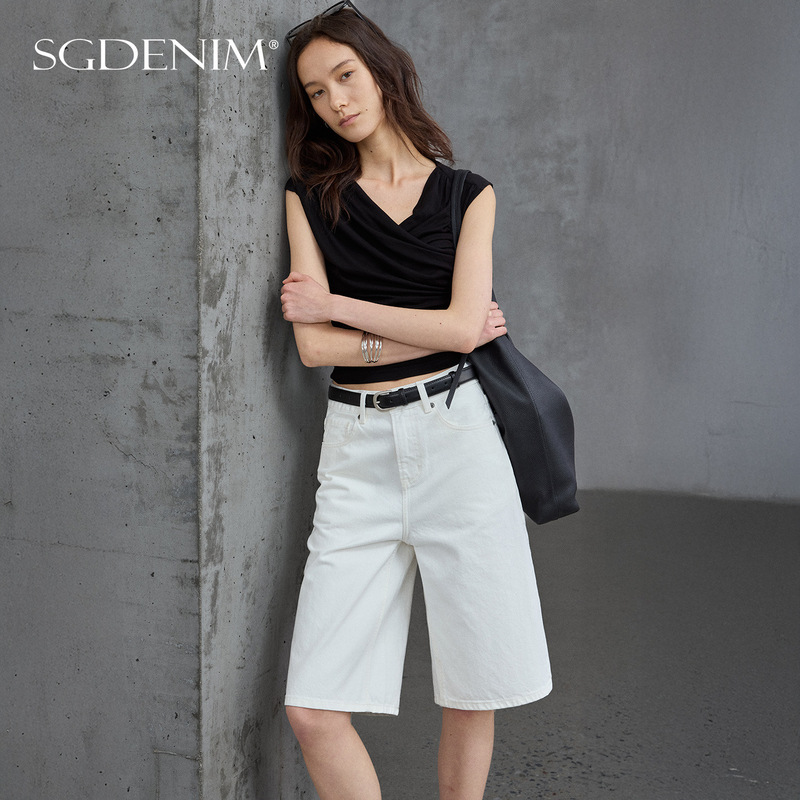 White High-Waisted Straight-Leg Denim Shorts for Women, Loose Wide-Leg Pants, Summer 2026, Relaxed Boyfriend Style