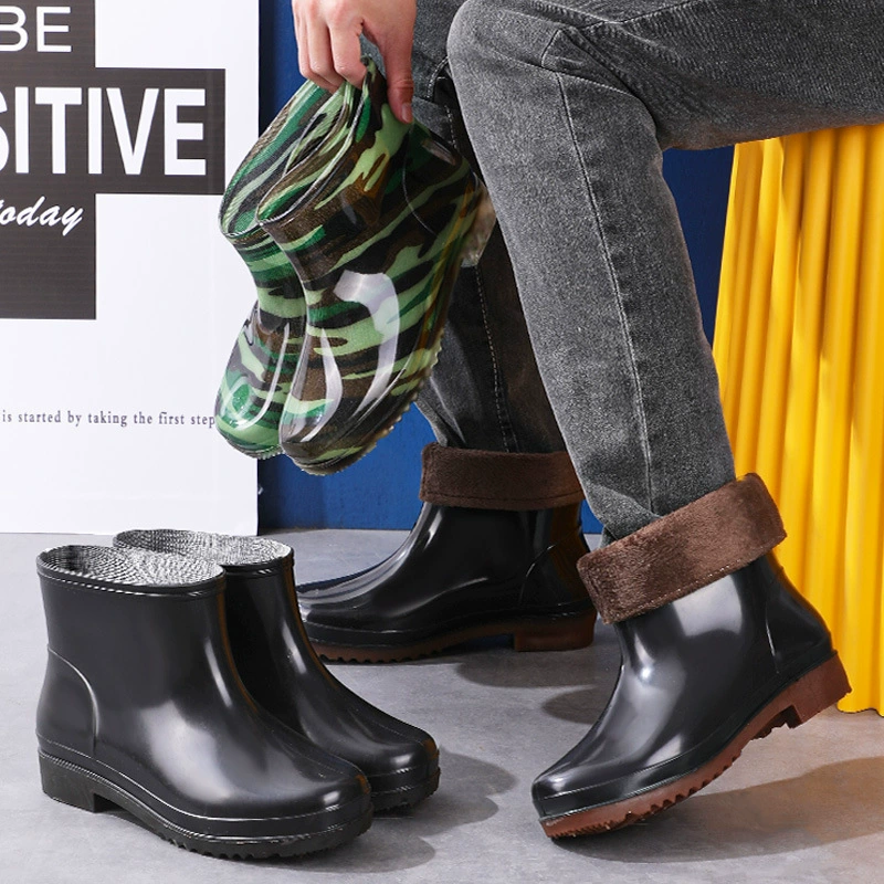 Модные трансграничные мужские низкопробные короткие трубки толстые нескользящие водонепроницаемые сапоги из дождя Чистый цвет водяной обуви профессиональный производитель обуви по страхованию труда оптом
