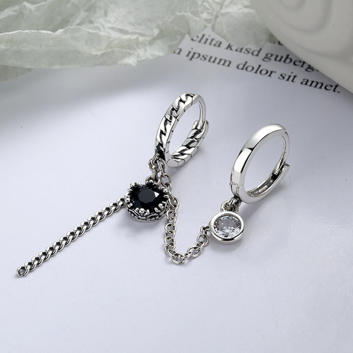 Yunchaoxuan S925 sterling silver Internet celebrity trendy and cool personality double ear buckle black zircon tassel niche design earrings