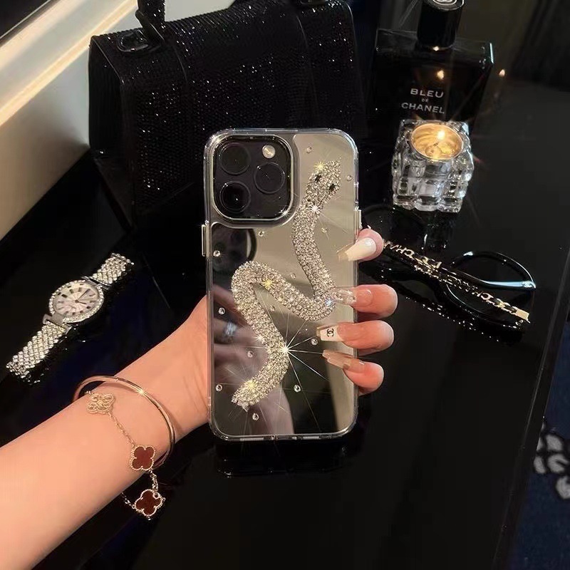Cosmetic mirror luxury rhinestone snake for apple 15 phone case new iPhone14pro/14/13 phone case