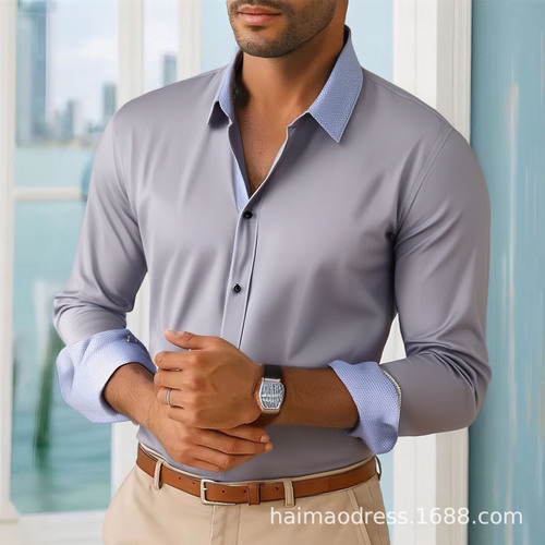 Men's Colorblocked Shirt Business Casual Shirt Men's Contrast Collared Shirt Summer Large Men's Outfit Wholesale