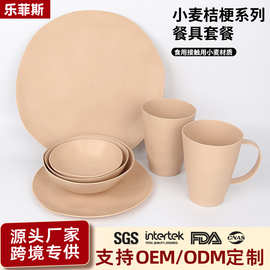 亚马逊跨境小麦秸秆碗碟盘套装酒店餐厅餐具带水杯可logo礼品