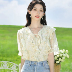 フリル花柄シフォンシャツ 2025 夏新作 V ネックトップフレンチ半袖デザインニッチスタイルシャツ