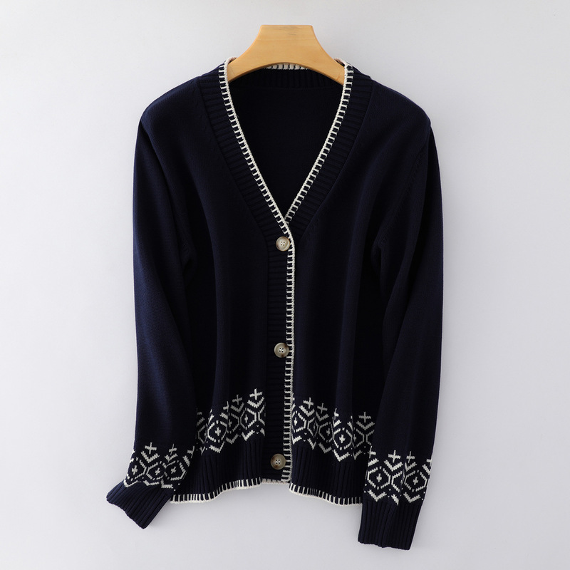 100 Cotton Thread Chinese Style Retro Jacquard Knitted Cardigan Women's Autumn and Winter Loose Single-Breasted V Neck Pure Cotton Wool Jacket 100 Cotton Thread Chinese Style Retro Jacquard Knitted Cardigan Women's Autumn and Winter Loose Single-Breasted V Neck Pure Cotton Wool Jacket