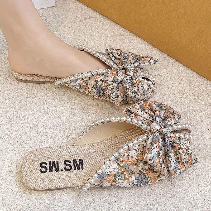 Women's Summer Outdoor Slippers 2025 New Style Bowknot Flat Fashion Versatile Small Floral Closed-Toe Peep-Toe Half Slippers