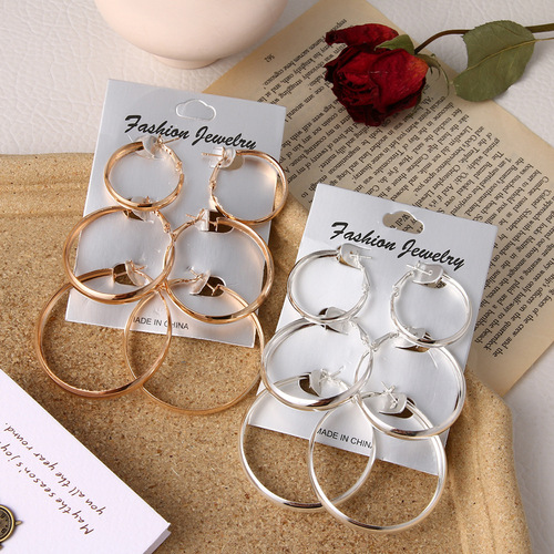 European and American cross-border fashion alloy earrings large circle shrimp buckle earrings set metal earrings women's jewelry wholesale