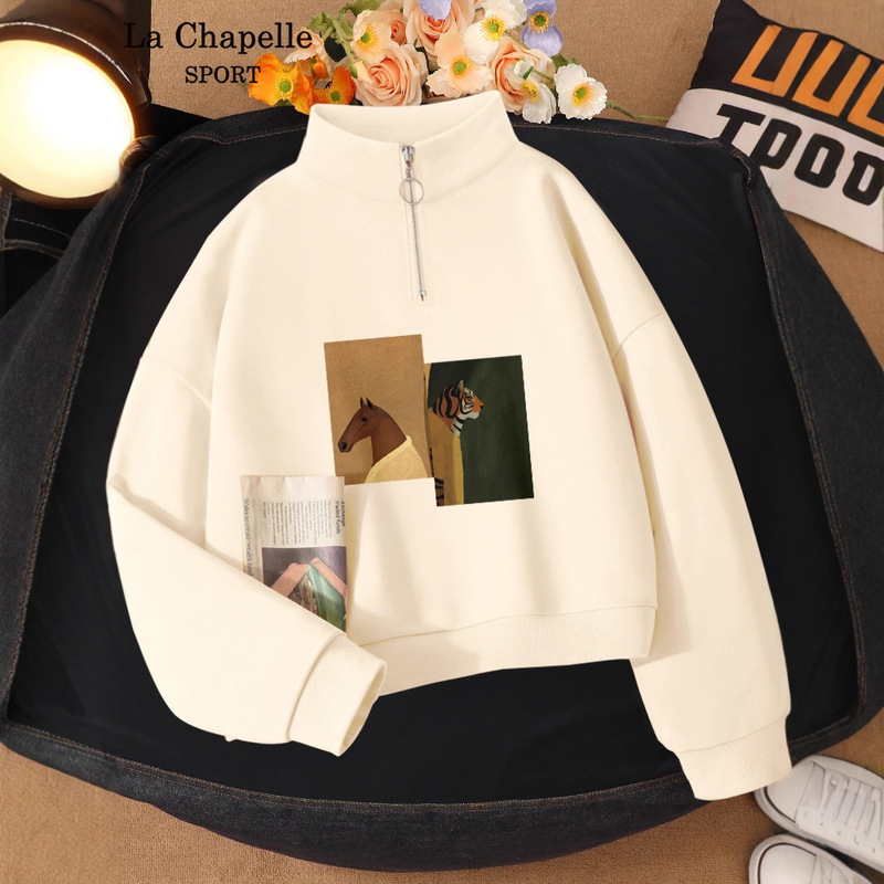 La Cha Short Sweatshirt for Women, Spring and Autumn, Petite Size, 2025 New Style, Milk-Colored, Half-Zip, Stand Collar, High-Waisted Jacket X