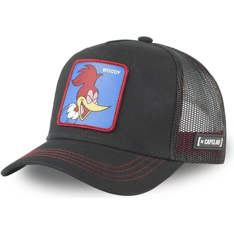2024 nueva gorra bordada de anime de pato de dibujos animados, gorra de conductor de camión, gorra de béisbol de malla extraña de boca grande