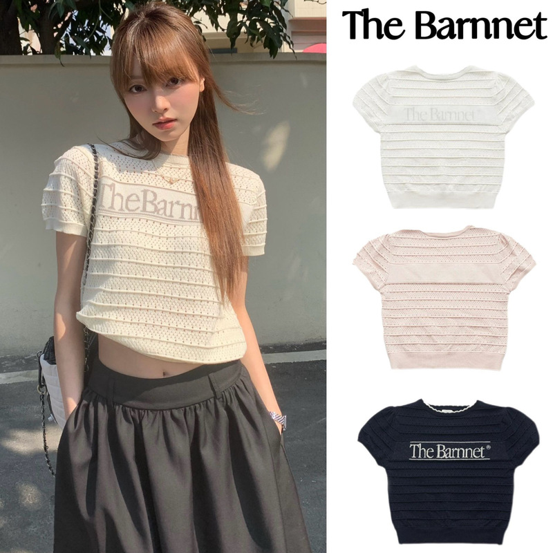 The Barnnet Letter Print Jacquard Puff Sleeve Hollow Knit Sweater Round Neck Short Sleeve T-Shirt for Women
