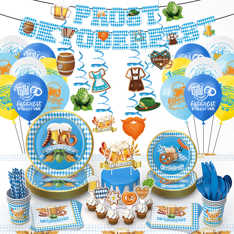 Amazon Oktoberfest tema decoración plato de papel desechable taza de papel tejido fiesta suministros traje