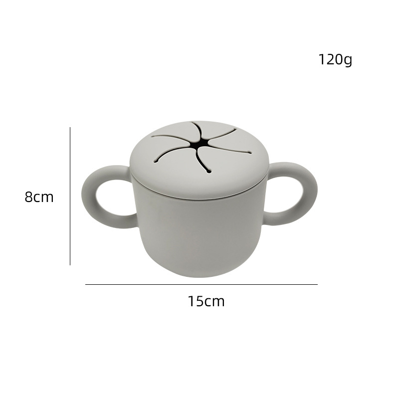 Doble oreja de tipo pétalo abierto de silicona snack taza con mango bebé snack caja creativa beber taza en stock