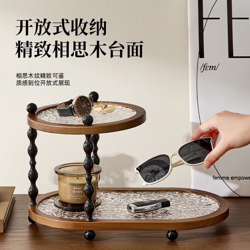 中世スタイルのデスクトップカップアカシア木製収納ラックハイエンドライト高級ホームカウンタートップ特に見栄えの良い二層収納|undefined