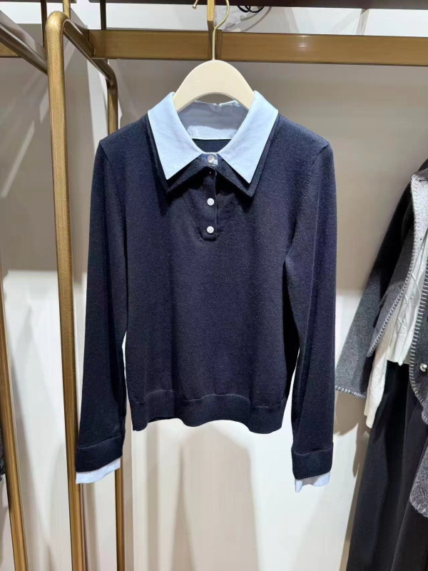 诗*L女装2025冬装新款假两件拼接翻领针织衫套头毛衣3GA132031|undefined