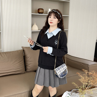 CaiDuobao plus size Women's Wear Fat mm2023 Autumn New Fake Two-piece Slim Embroidered Sweat CDZ1177