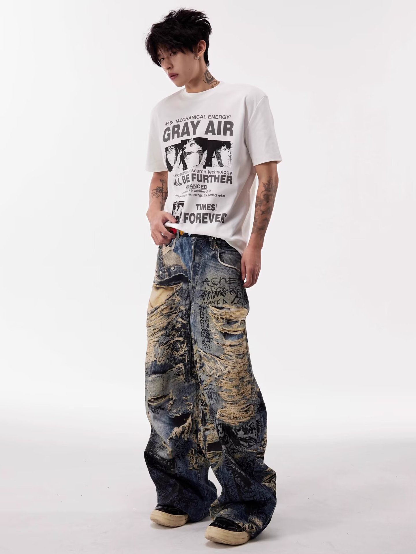 Herren Graffiti Destroyed Jeans Gerade Lockerer Streetstyle_voghion.com