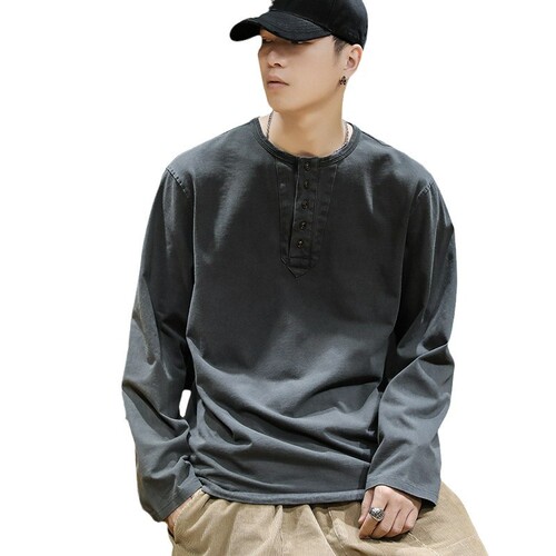 330g Heavyweight Long-Sleeve T-Shirt for Men - Autumn Large Size Trendy Brand American Loose Casual Henley Collar Base T-Shirt Trend