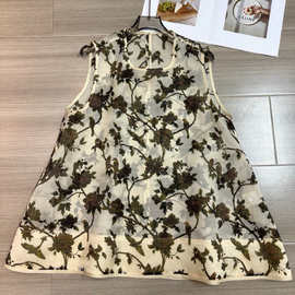 p260285yk5.5 早春新款真丝欧根绡提花花鸟印花A字阔版无袖上衣